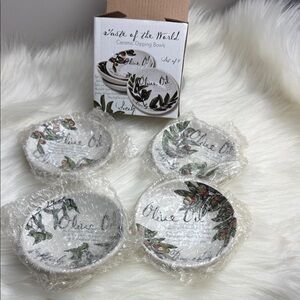 Olive Oil Ceramic Dipping Bowls - Set of 4, White with Green Olive Motif